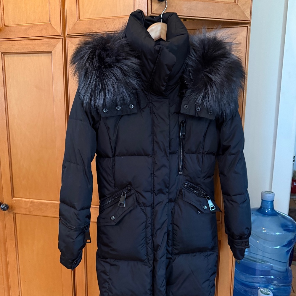 Black SAM. down coat w hood w real fur trim